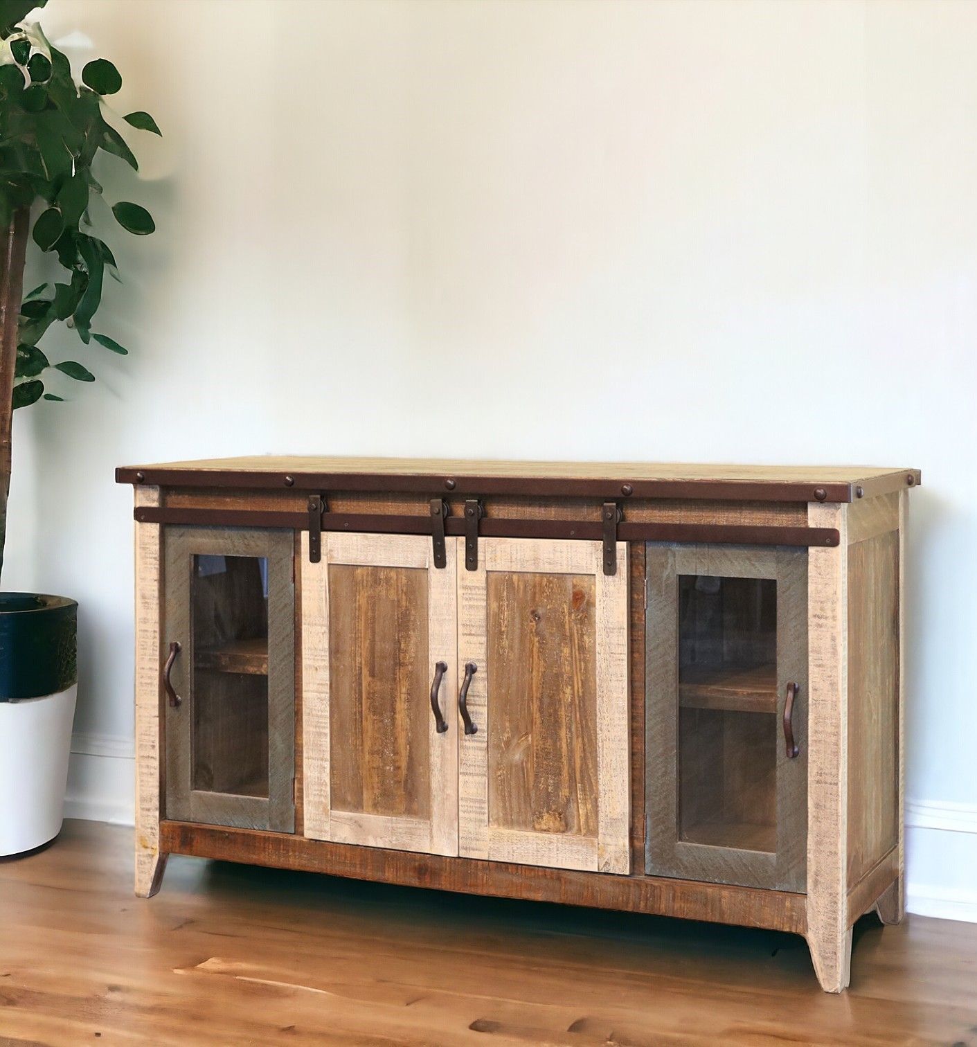 Cabinet, Enclosed Storage Distressed TV Stand - Brown