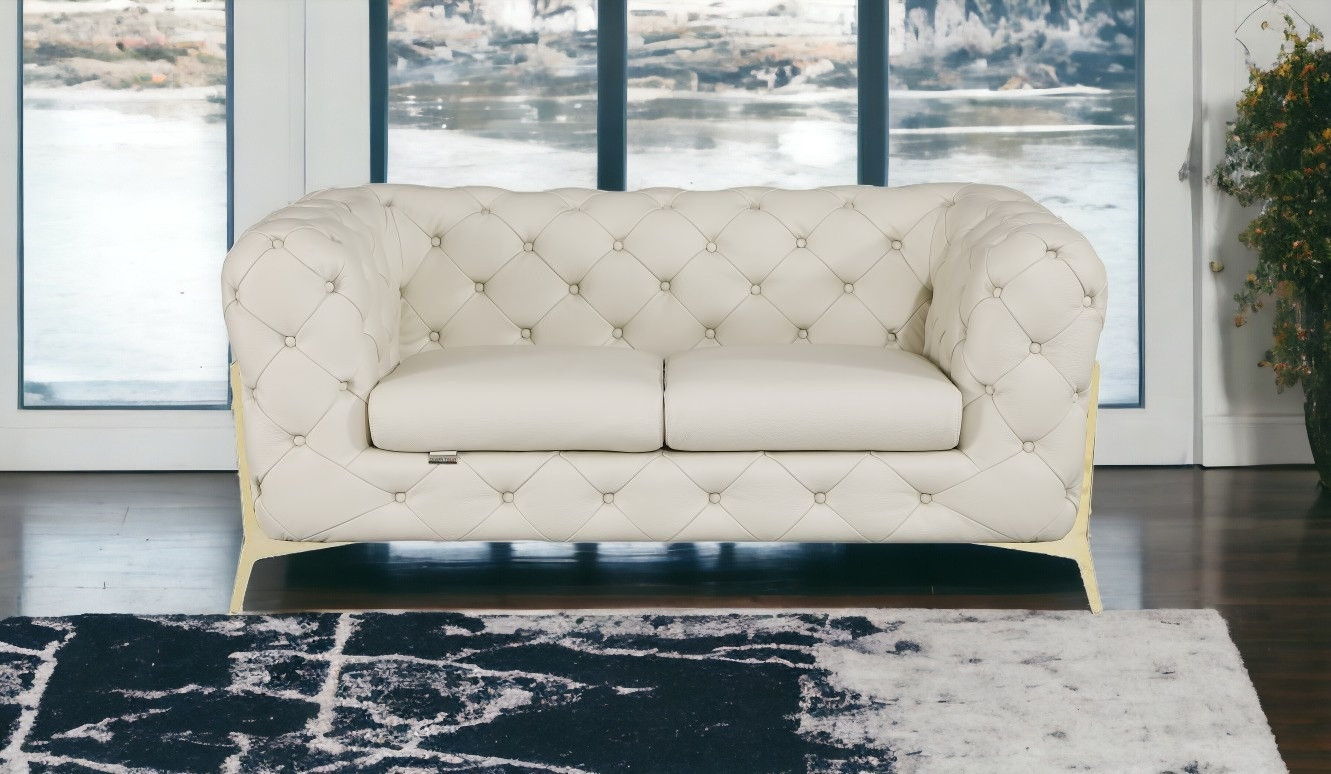 Italian Leather Loveseat - Beige / Gold