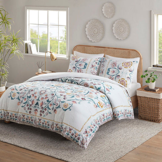 3 Piece Floral Duvet Cover Set - White / Multi