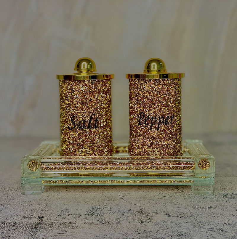 Ambrose Exquisite Salt & Pepper Canisters With Tray In Crushed Diamond Glass In Gift Box - Gold