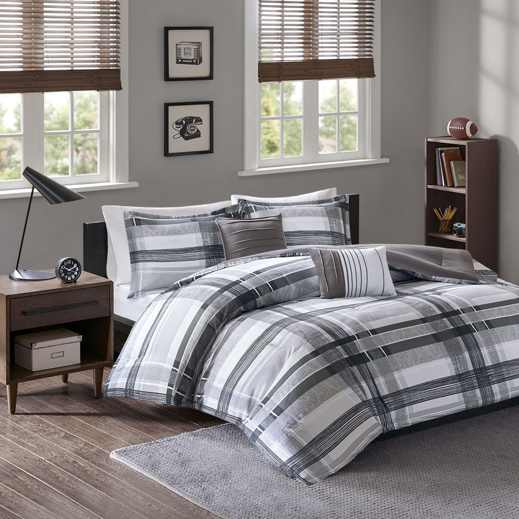 Rudy - Twin Long Plaid Comforter Set - Gray