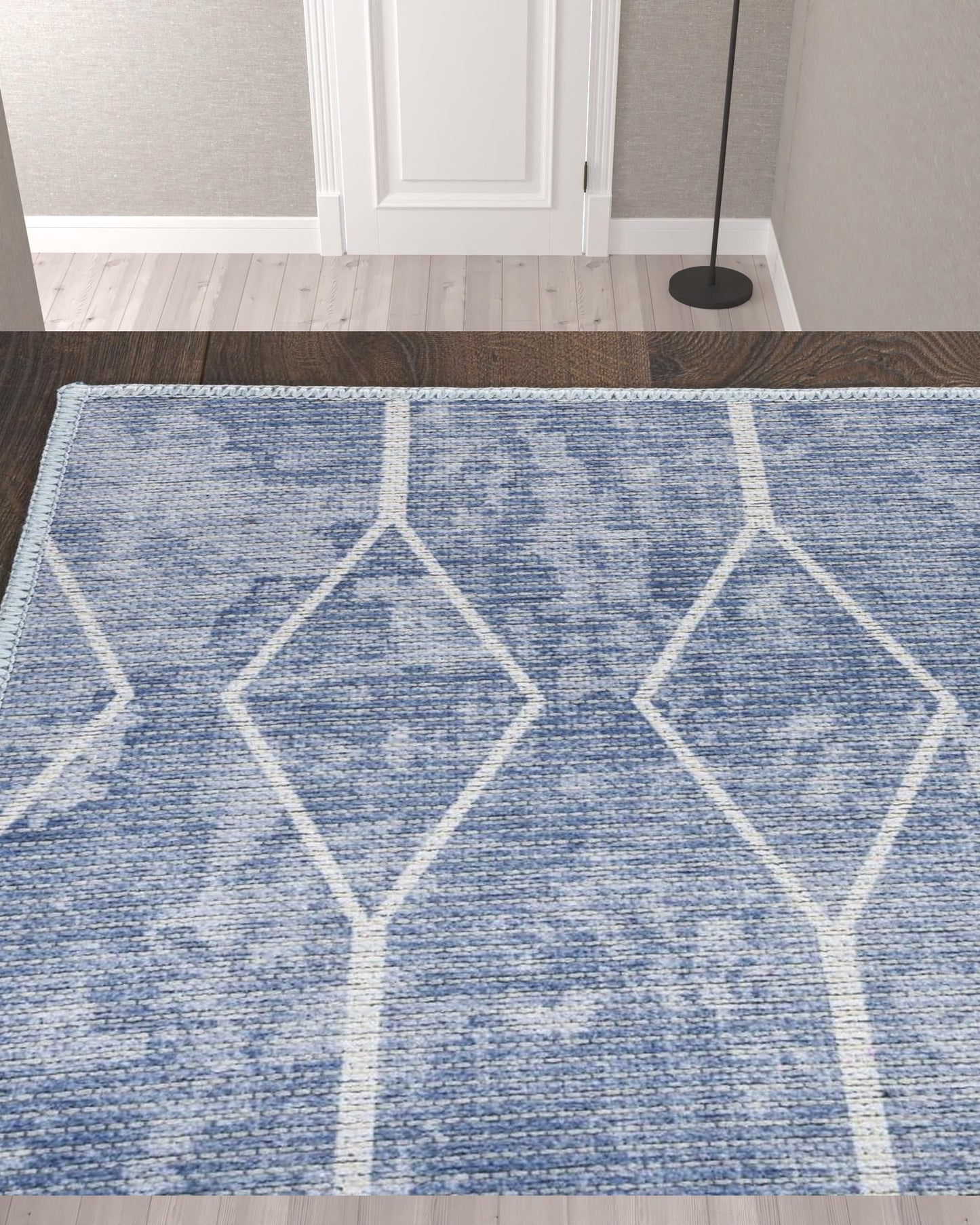 10' Geometric Power Loom Washable Runner Rug - Blue And Off White