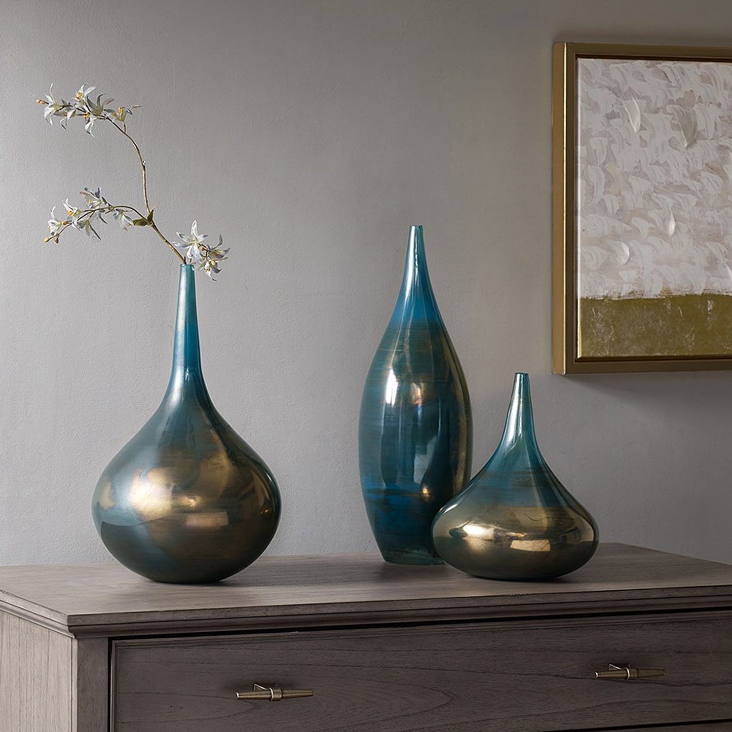 Blue And Bronze Decorative Glass Vases 3 Piece Set