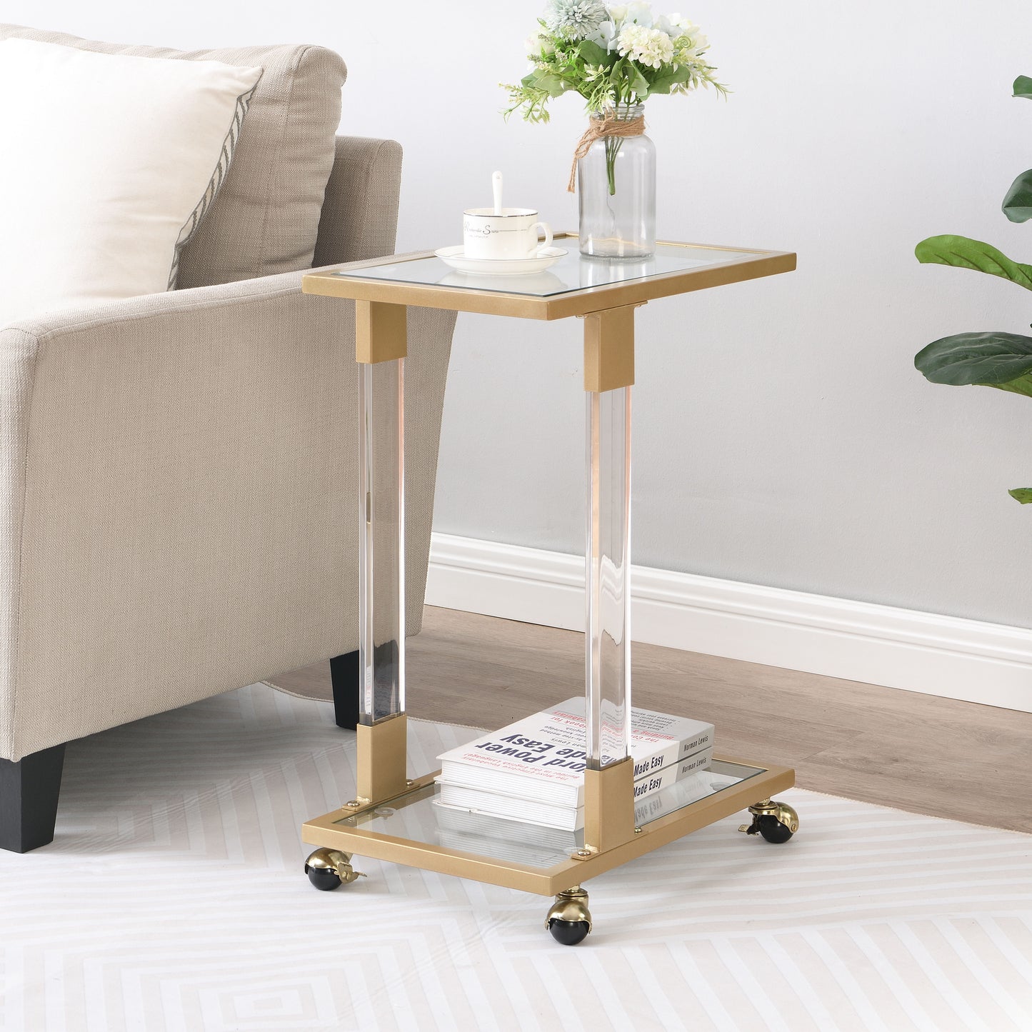 Side Table, Acrylic Sofa Table, Glass Top C Shape Square Table With Metal Base For Living Room, Bedroom, Balcony Home And Office