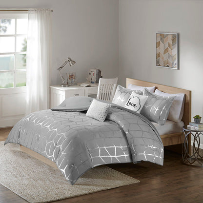 Raina Queen Metallic Printed Comforter Set - Gray