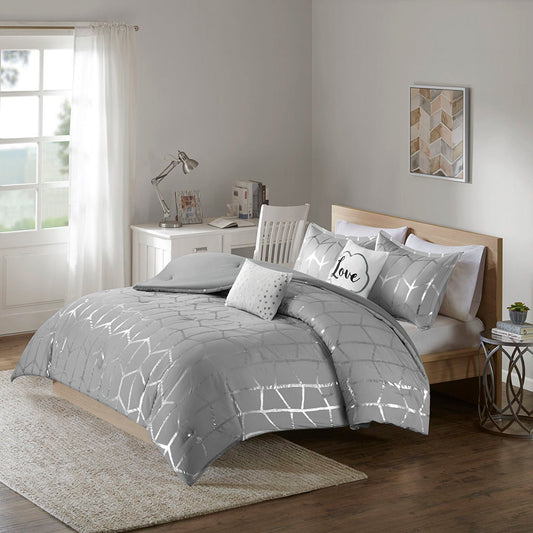 Raina - Metallic Printed Comforter Set - Gray