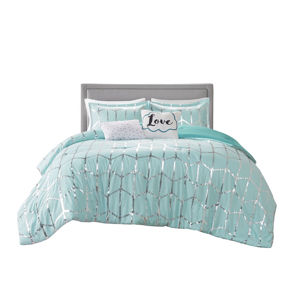 Raina Twin Long Metallic Printed Comforter Set - Blue