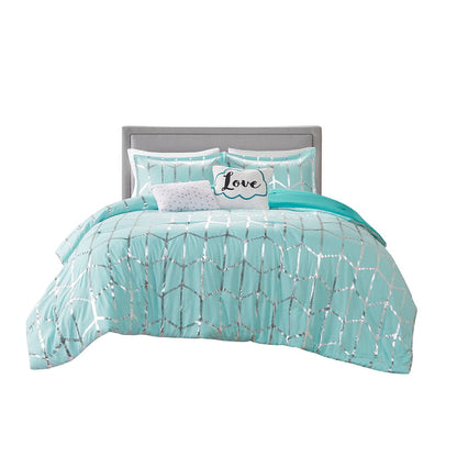 Raina Twin Long Metallic Printed Comforter Set - Blue