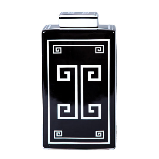 Rectangular Ceramic Decorative Jar With Black And White Geometric Design