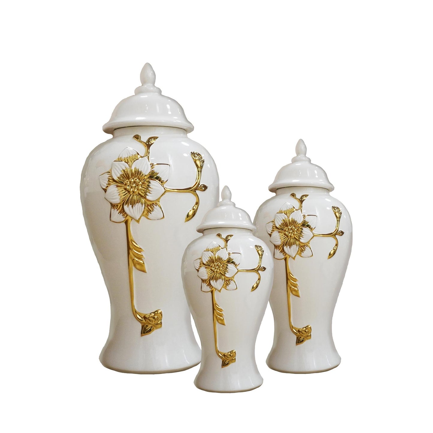 Ginger Jar With Steam Flower - White / Gold