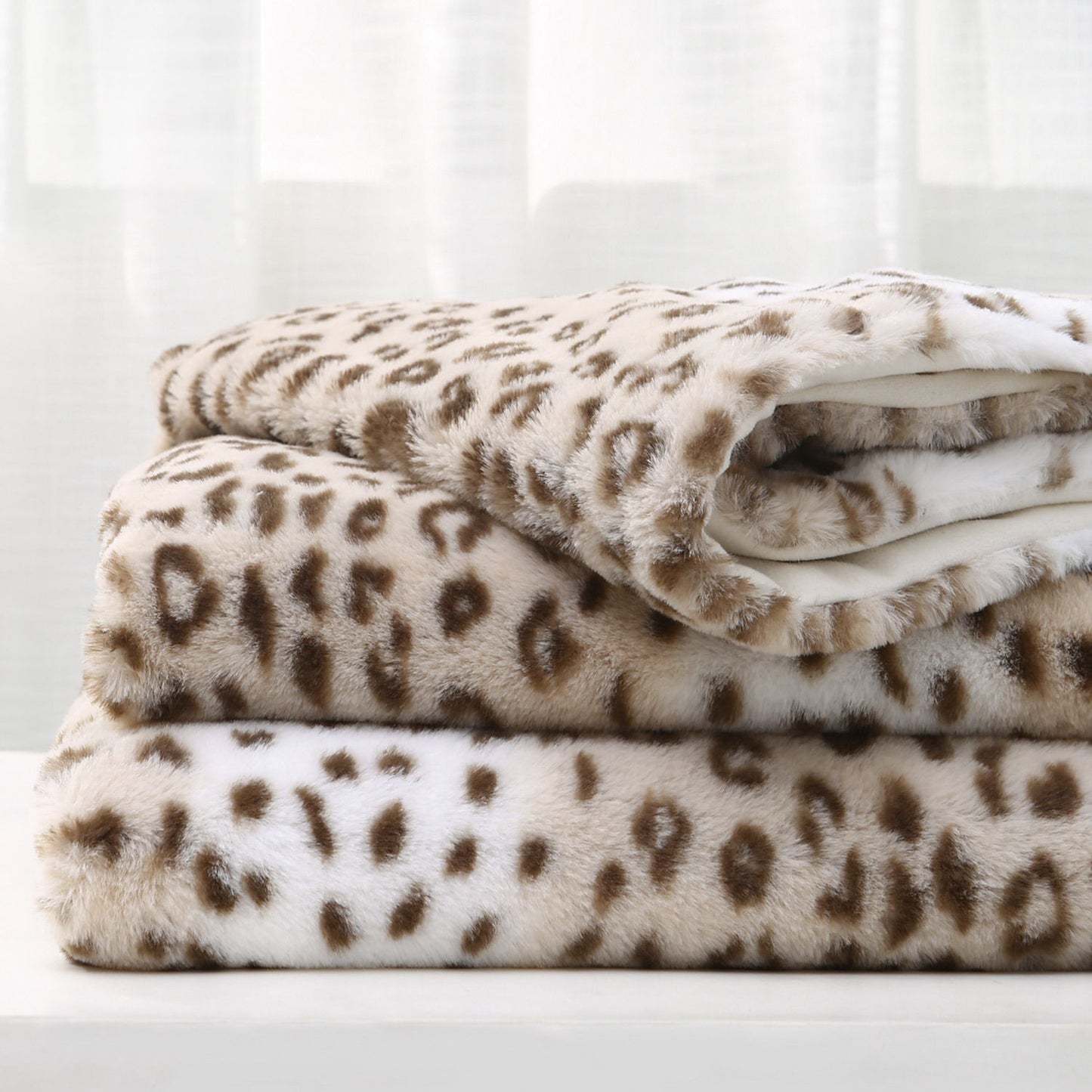 Printed Faux Rabbit Fur Throw, Lightweight Plush Cozy Soft Blanket, 60" X 70", Sand Leopard