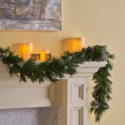 Mixed Frosted Garland With 20 Pine Cones And 10 Red Berry With 50 Warm White LED Lights With Timer - Battery Operated - Outdoor, 200 Tips