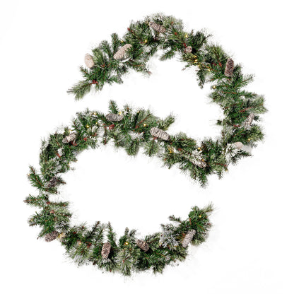 Brilste Mixed Garland & Snow & Glitter & 16Frosted Pine Cones & 50Warm White LED Lights & Timer - Battery