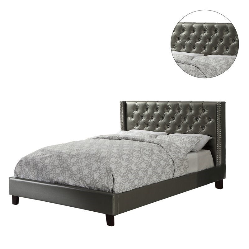 Queen Size Bed 1pc  Bed Set Silver Faux Leather Upholstered Tufted Bed Frame Headboard Bedroom Furniture