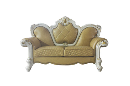 Faux Leather Loveseat And Toss Pillows - Golden Yellow / Pearl