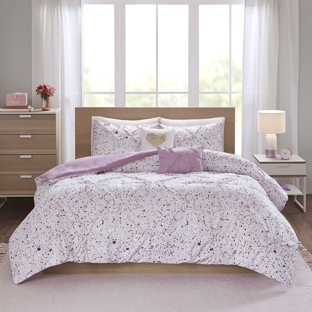 Metallic Printed And Pintucked Comforter - Plum