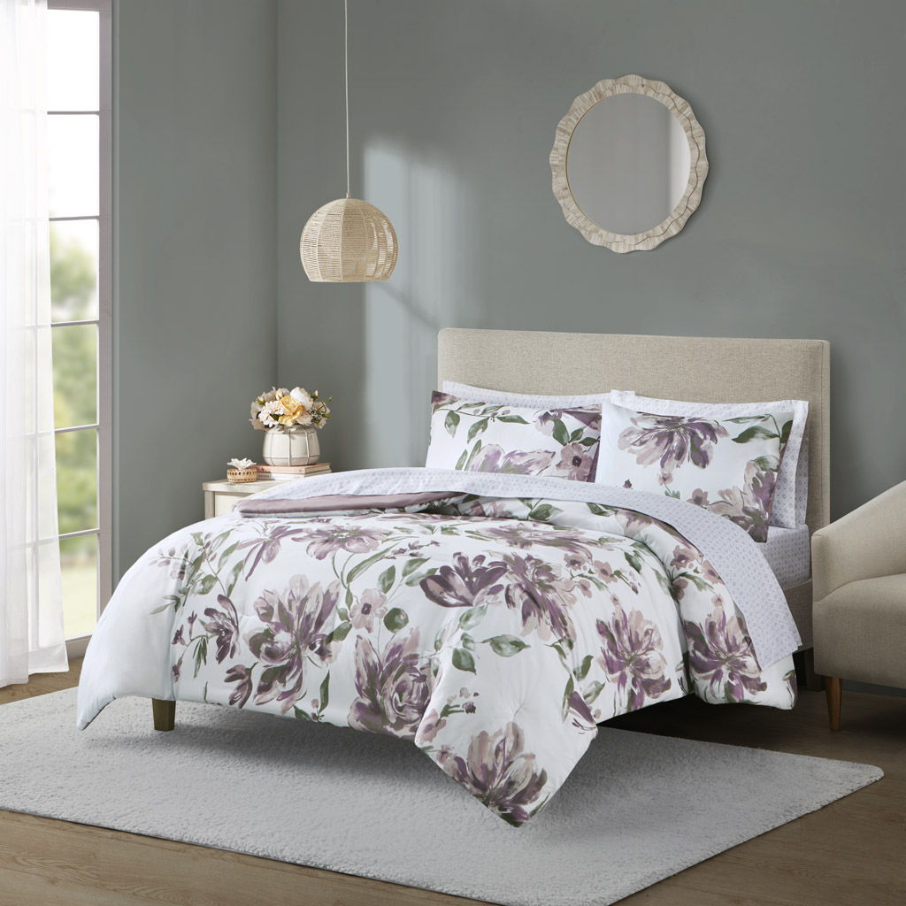 Floral Comforter Set With Bed Sheets - Mauve