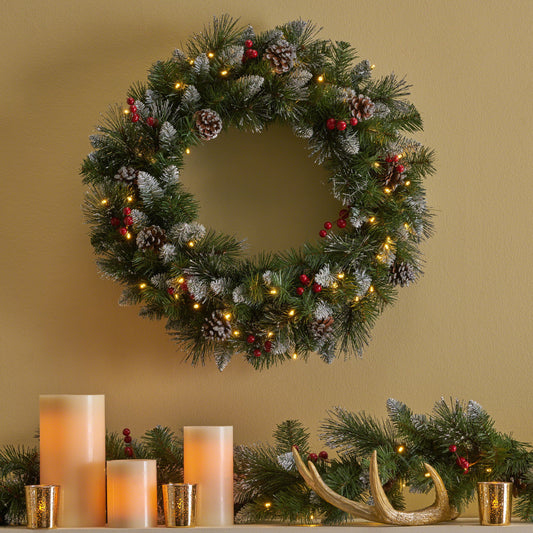 Glitter Bristle Mixed Wreath With With 9 Red Berry And 9 Pine Cones And 50 Warm White LED Lights With Timer - Battery Operated - Outdoor, 150 Tips