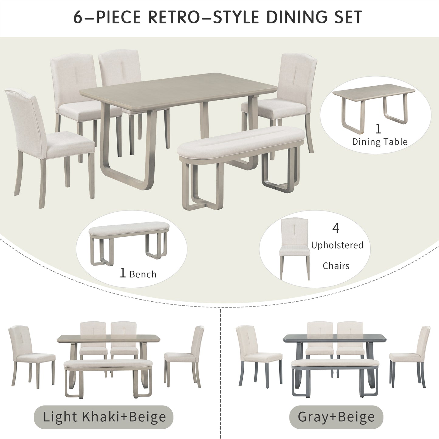 TREXM 6-Piece Retro-Style Dining Set Includes Dining Table, 4 Upholstered Chairs & Bench with Foam-covered Seat Backs&Cushions for Dining Room (Light Khaki+Beige)