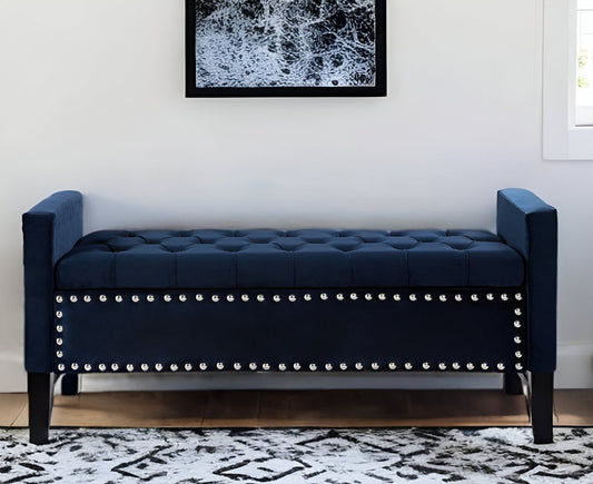 Velvet Upholstered Bench With Flip Top - Navy Blue / Black