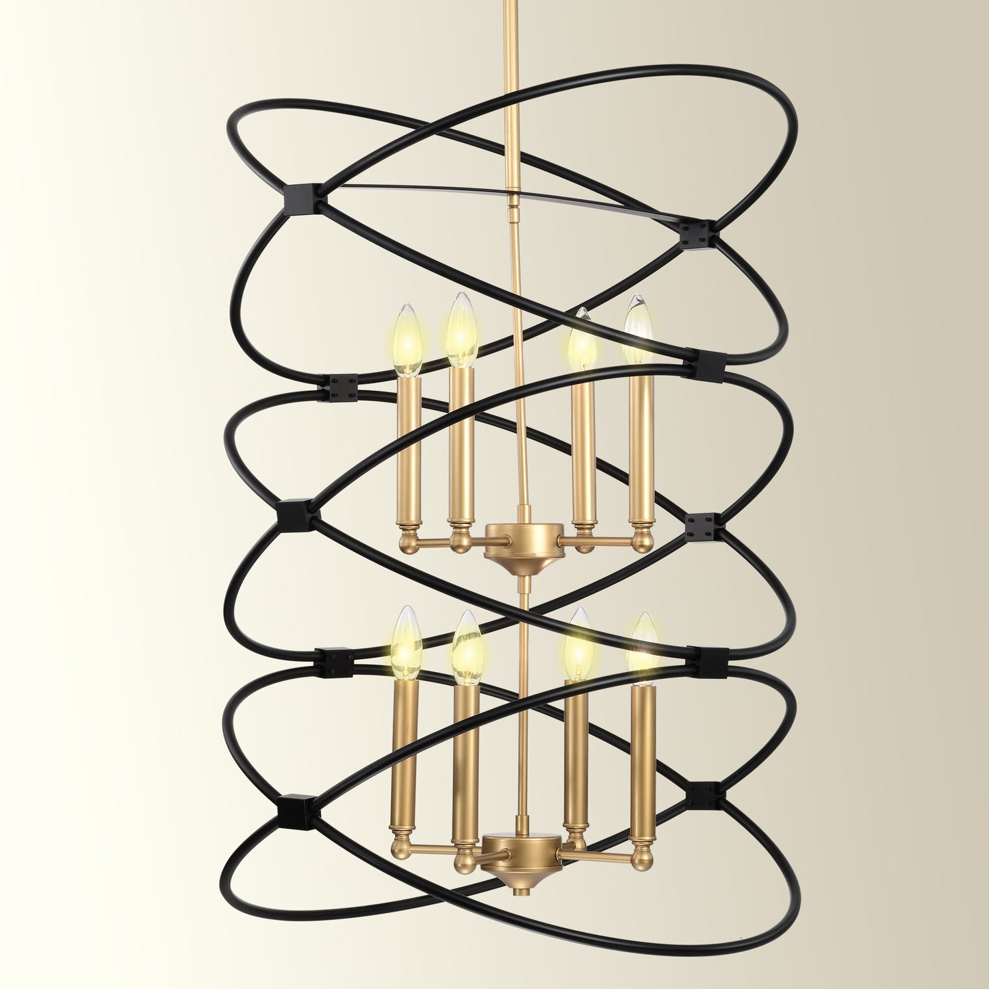 Transitional Gold/Matte Black Metal Chandelier Fixture, 8 lights, 2-Tier-Candle Ceiling Light for Living Room, Bedroom, Dining Room, Dimmable, E12, W23.6*H55