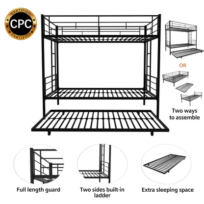 Twin Over Twin Metal Bunk Bed Frame with Trundle（Upgrade reinforcement version）