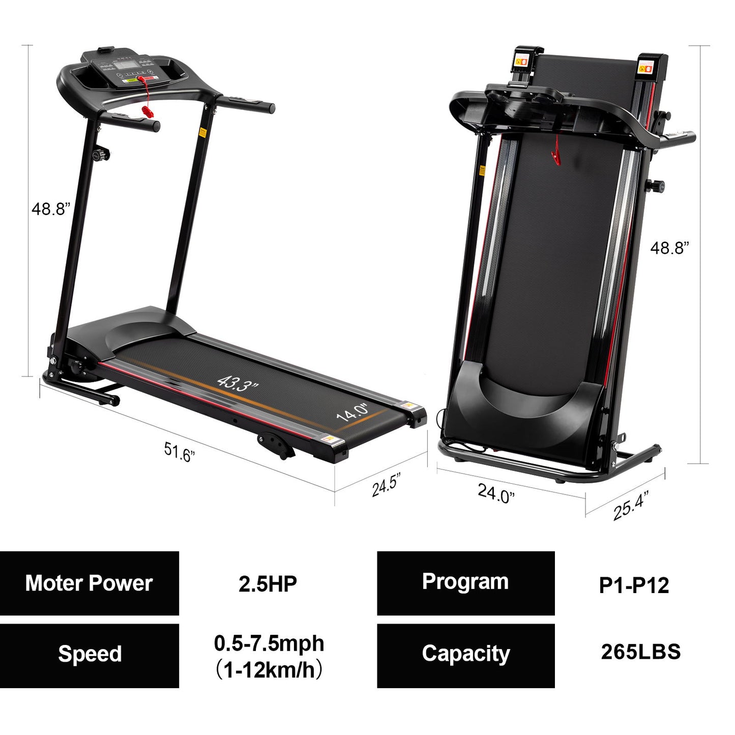 Folding Treadmill With Incline 2.5Hp 12Km / H Electric Treadmill For Home Foldable, Bluetooth Music Cup Holder Heart Rate Sensor Walking Running Machine For Indoor Home Gym Exercise Fitness - Black