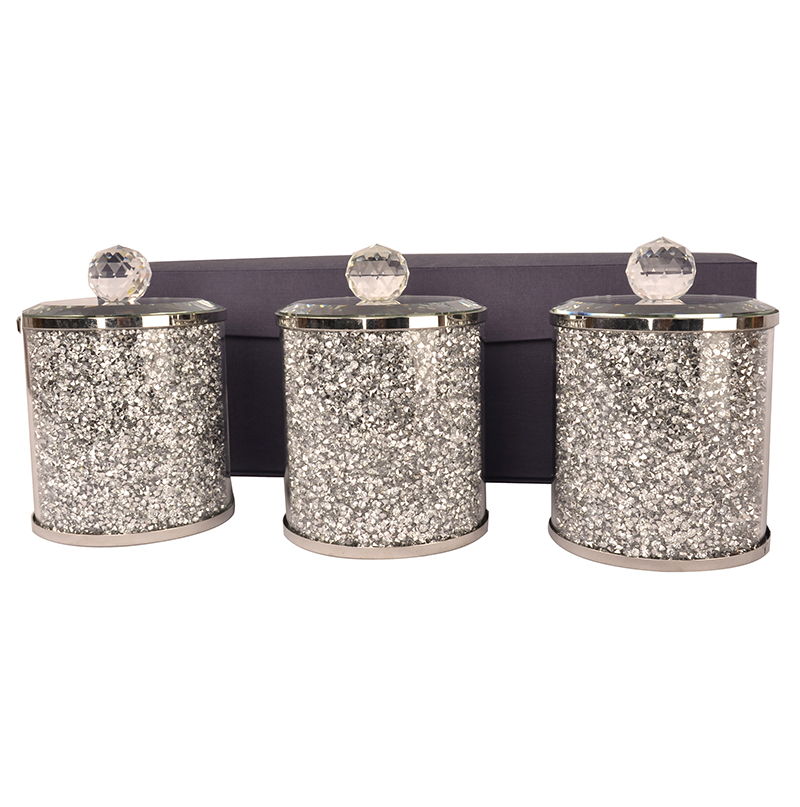 Ambrose Exquisite Tea, Sugar, Coffee Canisters With Tray In Crushed Diamond Glass In Gift Box - Silver