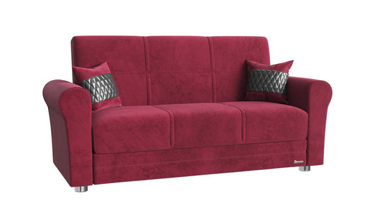 Microfiber Futon Convertible Sleeper Love Seat With Storage And Toss Pillows - Burgundy Silver