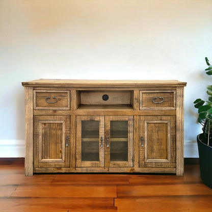 Solid Wood Cabinet Enclosed Storage Distressed, TV Stand - Brown