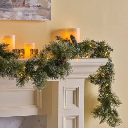 Brilste Mixed Garland & Snow & Glitter & 16Frosted Pine Cones & 50Warm White LED Lights & Timer - Battery