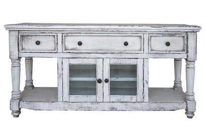 Solid Wood Open Shelving Distressed TV Stand - White