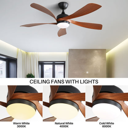 Indoor Ceiling Fan With 3 Color Dimmable 5 ABS Blades Remote Control Reversible Dc Motor With Led Light - Black