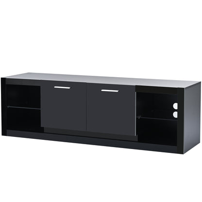 ON-TREND Modern TV Stand with 2 Tempered Glass Shelves, High Gloss Entertainment Center for TVs Up to 70'', Elegant TV Cabinet with LED Color Changing Lights for Living Room, Black