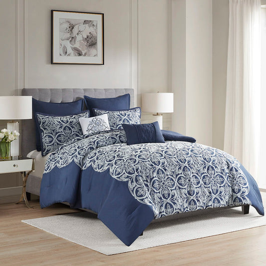 7 Piece Flocking Comforter Set With Euro Shams And Throw Pillows, Navy