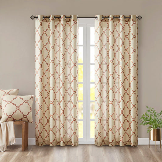 Fretwork Print Grommet Top Window Curtain Panel - Beige / Spice