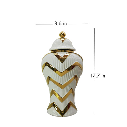 Timeless Gilded Waves Ginger Jar, Removable Lid - White / Gold