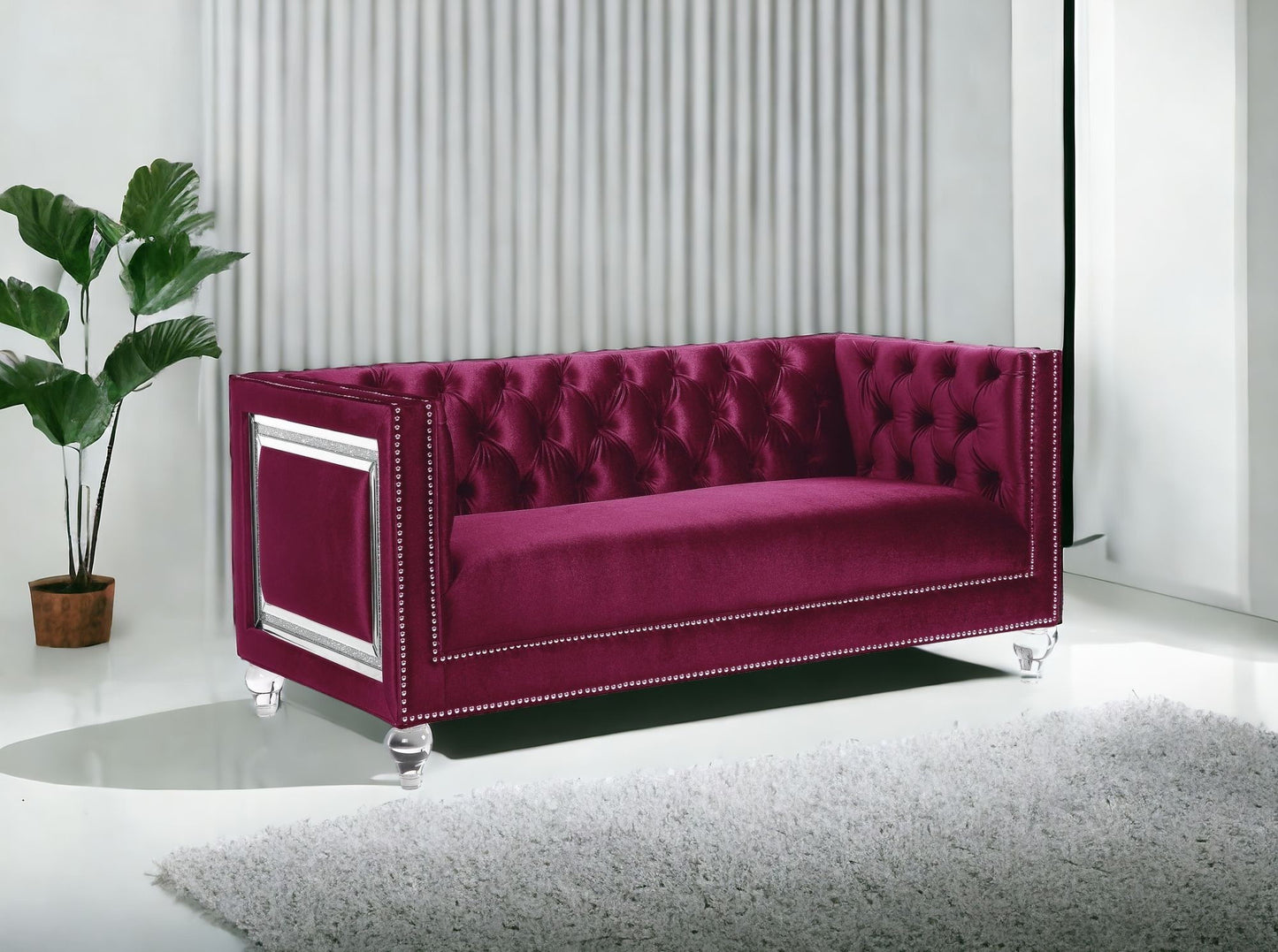 Velvet Loveseat And Toss Pillows - Burgundy / Silver