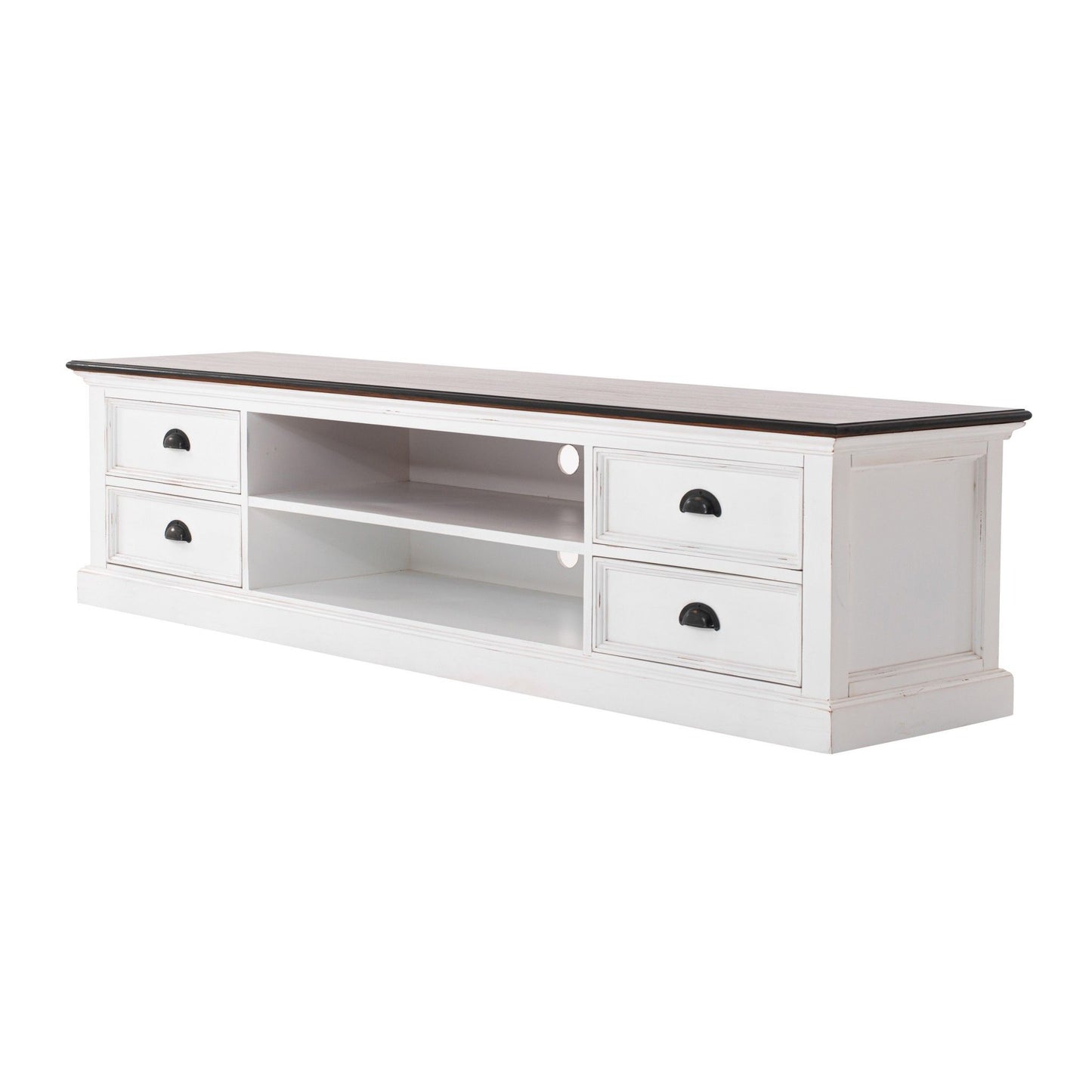 Wood Entertainment Unit With Four Drawers - Distressed White / Brown