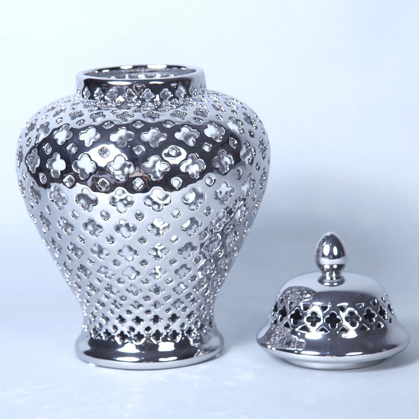 Silver Ceramic Ginger Jar With Decorative Design