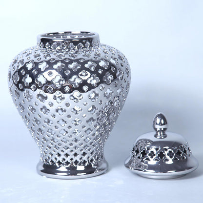 Silver Ceramic Ginger Jar With Decorative Design