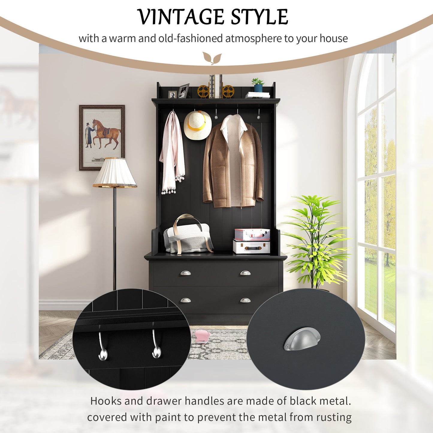 On-Trend Vintage Style 38.5" Wide Hallway Coat Rack With 5 Metal Hooks And 2 Large Drawers Hall Tree, Metal Drawer Handles Entryway Bench Coat Hanger - Black