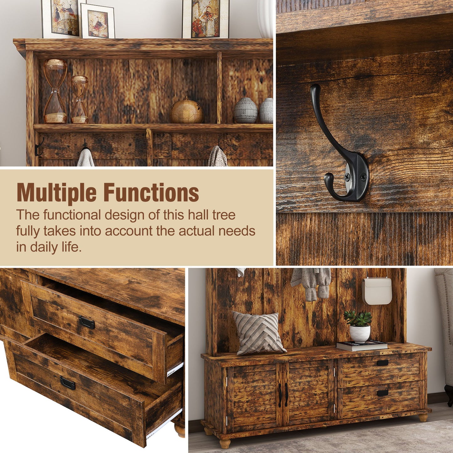 On-Trend Modern Style Hall Tree With Storage Cabinet And 2 Large Drawers, Widen Mudroom Bench With 5 Coat Hooks, Rustic Brown