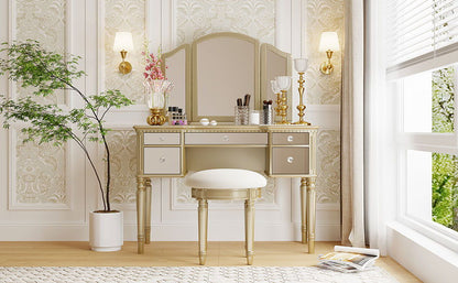 Dressing Table Set With Mirrored Drawers And Stool, Tri-Fold Mirror, Makeup Vanity Set For Bedroom