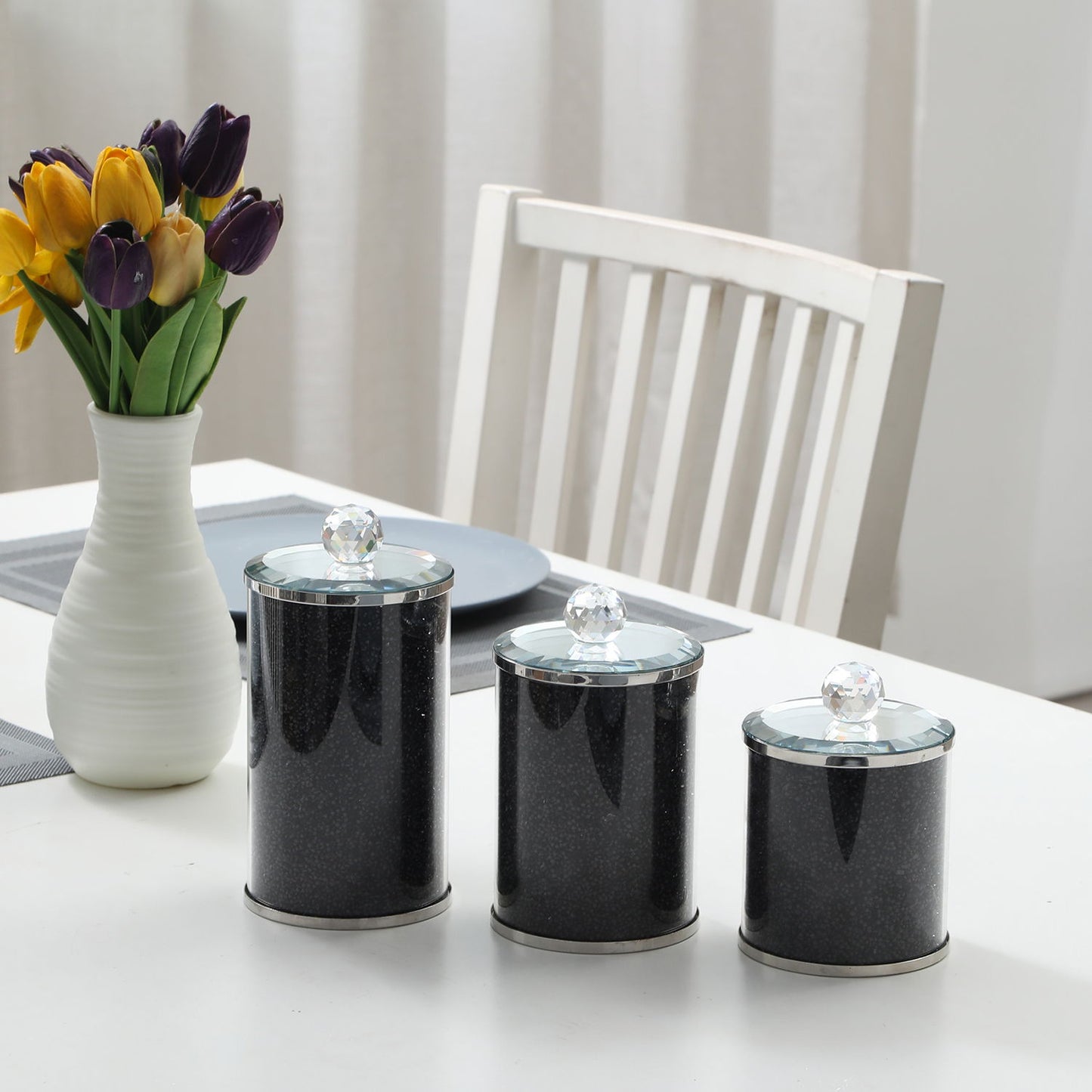 Ambrose Exquisite Three Glass Canister Set In Gift Box - Black