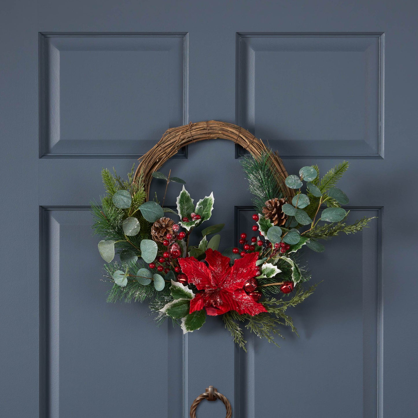 23.5" Poinsettia / Berry / Eucalyptus Half Wreath - Green Leaves