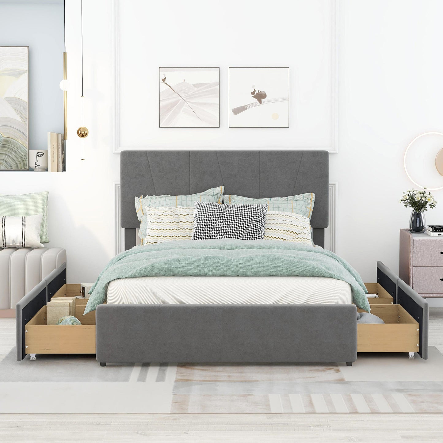 Full Size Upholstery Platform Bed with Four Drawers on Two Sides, Adjustable Headboard, Grey(Old SKU: WF291773EAA)