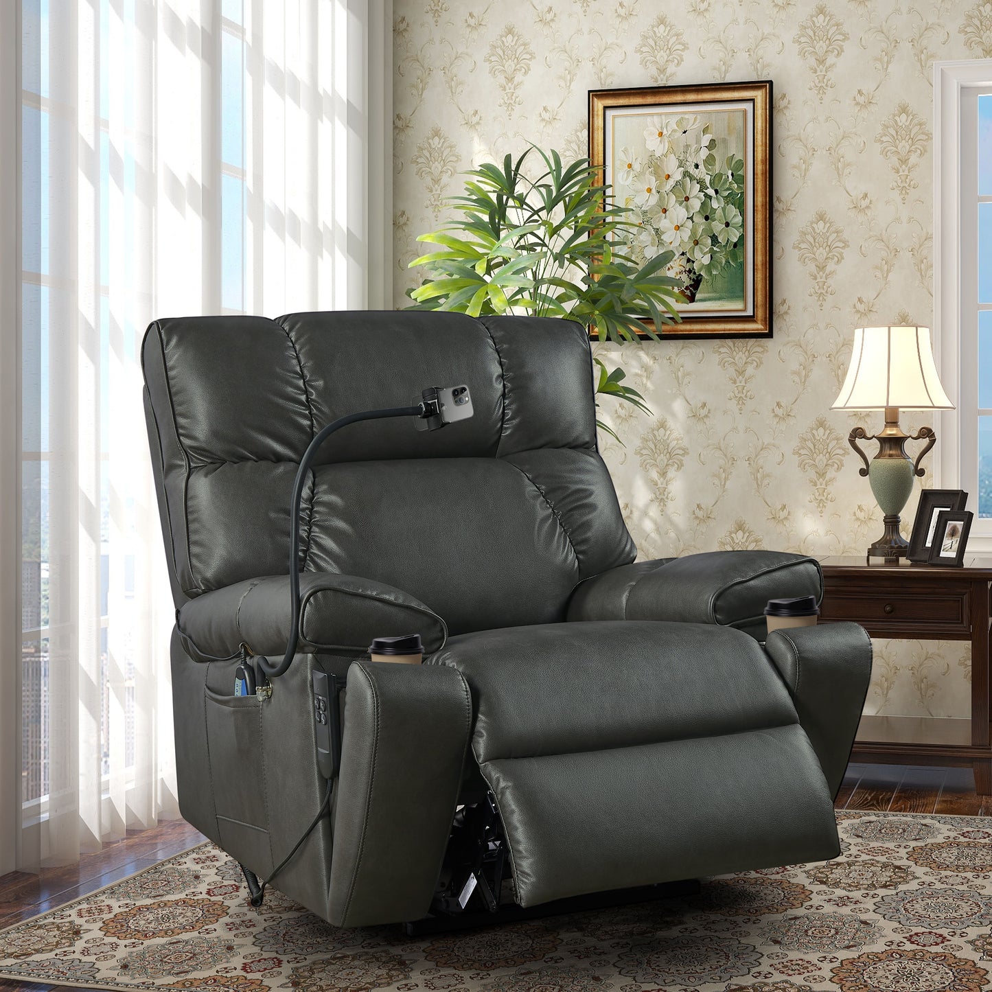 Recliner Chair With Phone Holder, Electric Power Lift Recliner Chair With 2 Motors Massage And Heat For Elderly, 3 Positions, 2 Side Pockets, Cup Holders