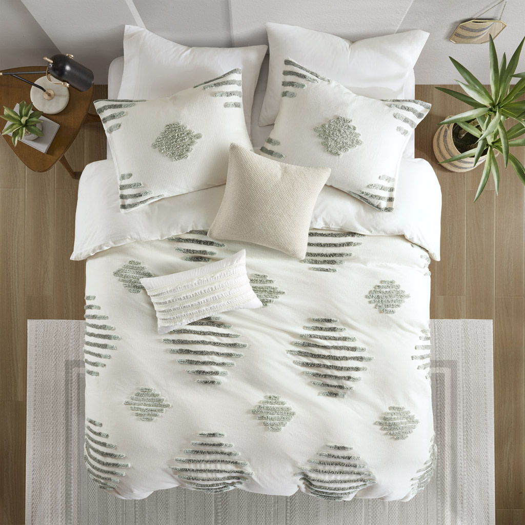 3 Piece Cotton Blend Chenille Duvet Cover Set - Ivory / Dark Green