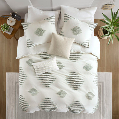 3 Piece Cotton Blend Chenille Duvet Cover Set - Ivory / Dark Green